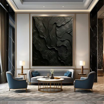 Black Wave Relief Art for Minimalist Home Theater & Sophisticated Lounge DLZ1718