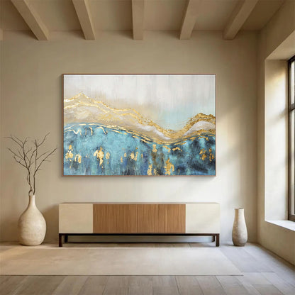 Gold - Accented Blue Landscape Abstract Art for Luxe Hotel Spa Suites DLZ3117