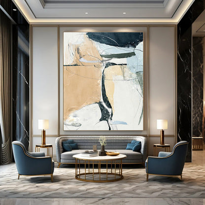 Beige and Blue Abstract Lines Art for Minimalist Living Room & Creative Studio DLZ2223