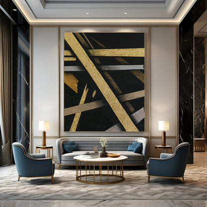 Black & Gold Intertwined Abstract Art for Luxury Hotel Lobby & Home Dining Room DLZ1101