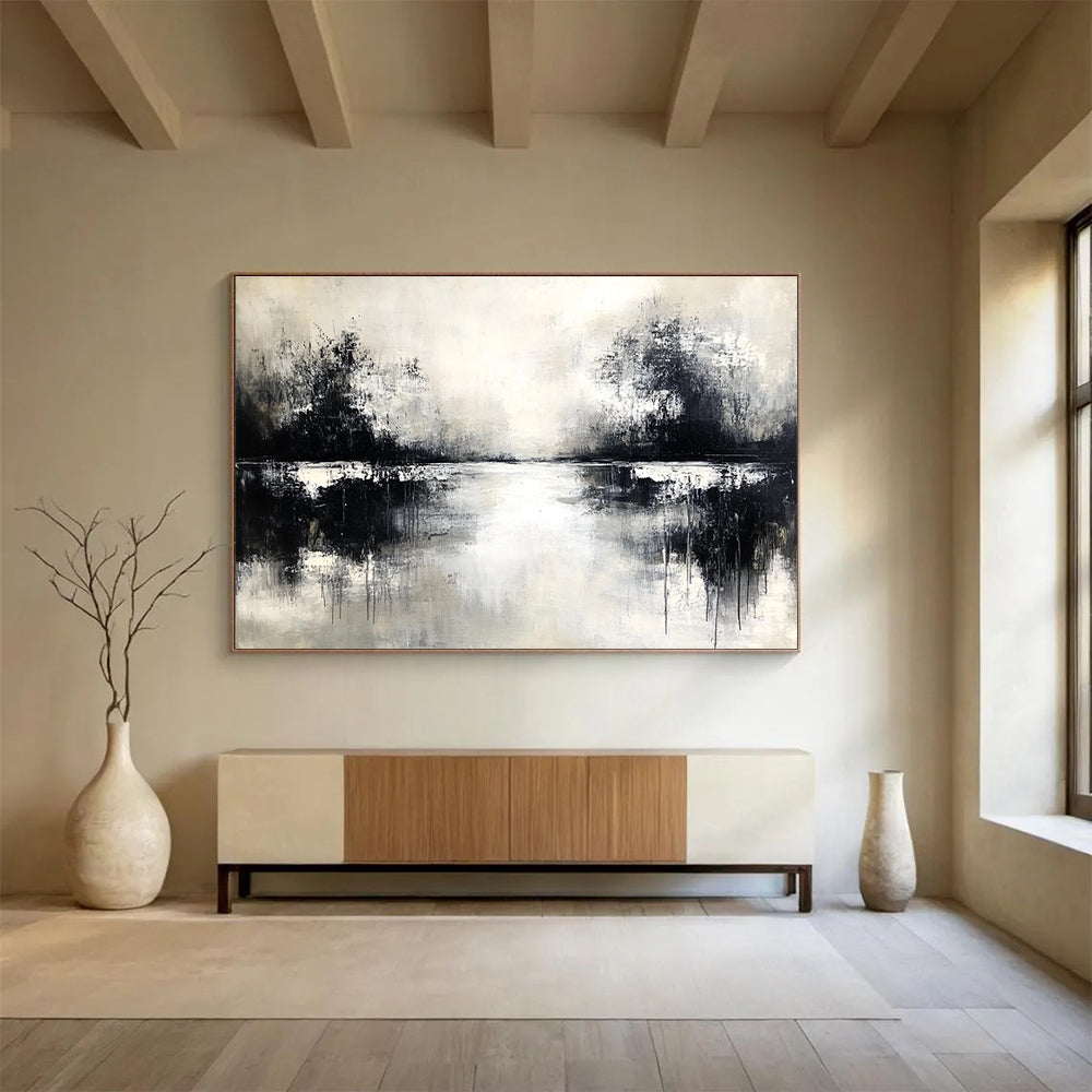 Monochrome Lake Reflection Art for Black - and - White Themed Café & Serene Spa SC056