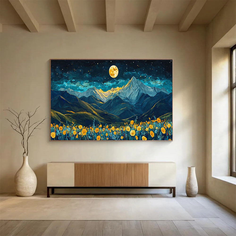 Moonlit Mountain Landscape with Flower Field Art for Inspirational Home Offices DLZ3078