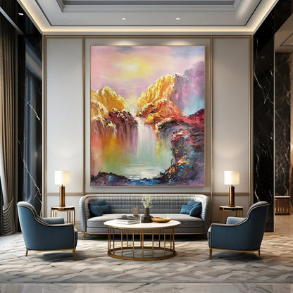 Colorful Mountain Waterfall Oil Painting for Luxury Hotel Suite & Wellness Spa DLZ1286
