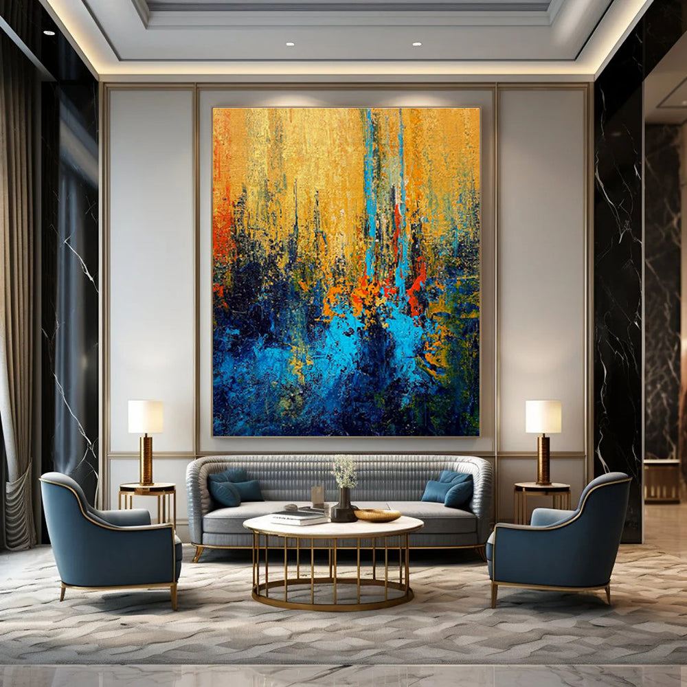 Golden - Yellow - Blue Abstract Art for Luxury Hotel Lobby Lounge Areas DLZ0026