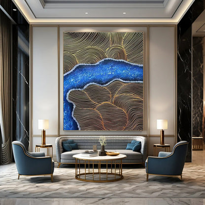 Gold - Line & Blue - Pattern Abstract Art for Luxury Hotel Lobby & Bohemian Bedroom DLZ1352