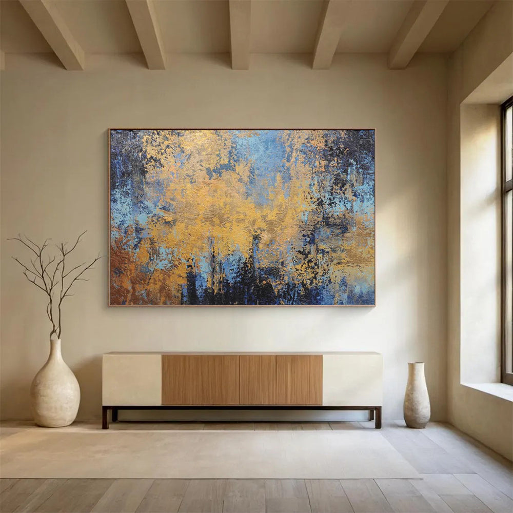 Gold - Blue Abstract Art: Elevate Your Living Room with Dreamy Color Blends DLZ2384