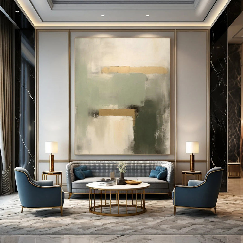 Sage - Gold Abstract Art for Bohemian Boutique Hotel & Art Deco Dining Room DLZ0845