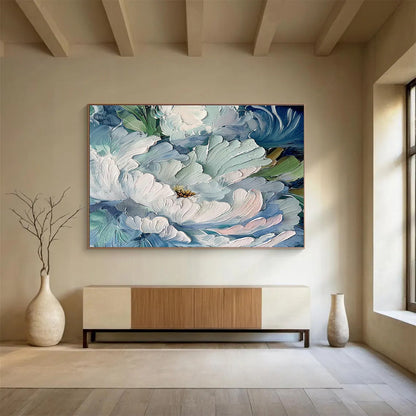 Impasto Blue - White Peony Art for Sophisticated Entryway DLZ3059
