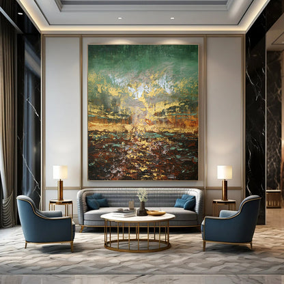Green - Gold Landscape Abstract Art for Living Room & Garden Room DLZ0448