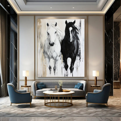 Black and White Horses  Dynamic Equine Art for Equestrian Club Lounge & Modern Home Hallway STSC1452