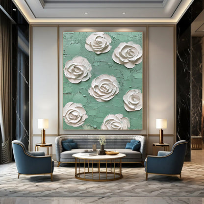 Textured White Roses on Green Art for Romantic Bedroom & Floral - Themed Café STSC1350