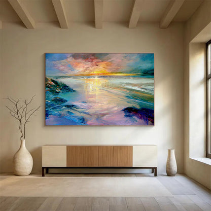 Beach Sunset Oil Painting for Coastal Home Living Room Fireplaces DLZ2597