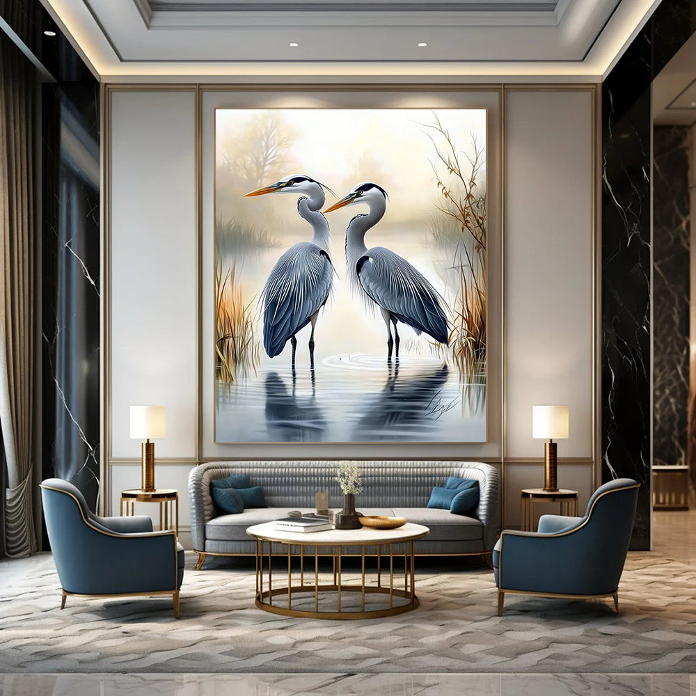Herons in Mist  Elegant Bird Art for Lakeside Villa Living Room & Nature - Inspired Home Office STSC1450
