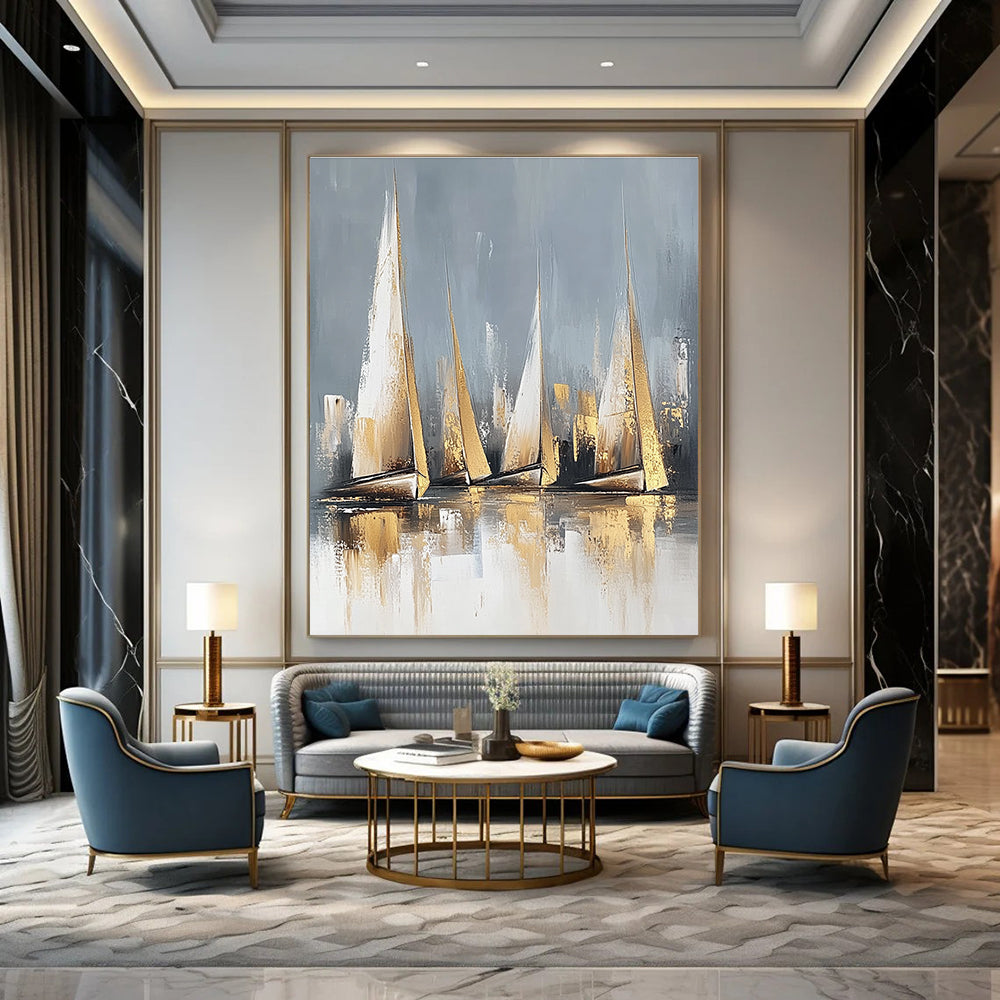 Golden Sailboats on Gray for Luxury Yacht Club & Modern Living Room STSC460