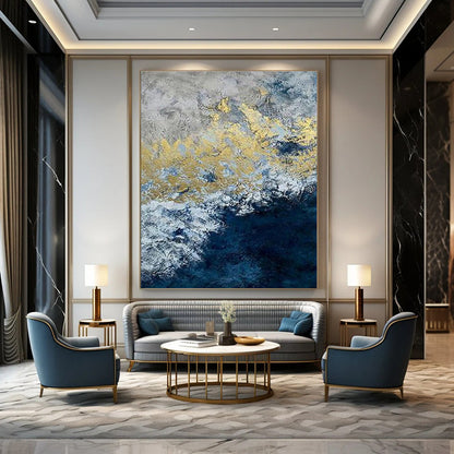 Gold and Blue Abstract Wave Art for Luxury Hotel Lobby & Art - Deco - style Lounge DLZ2249
