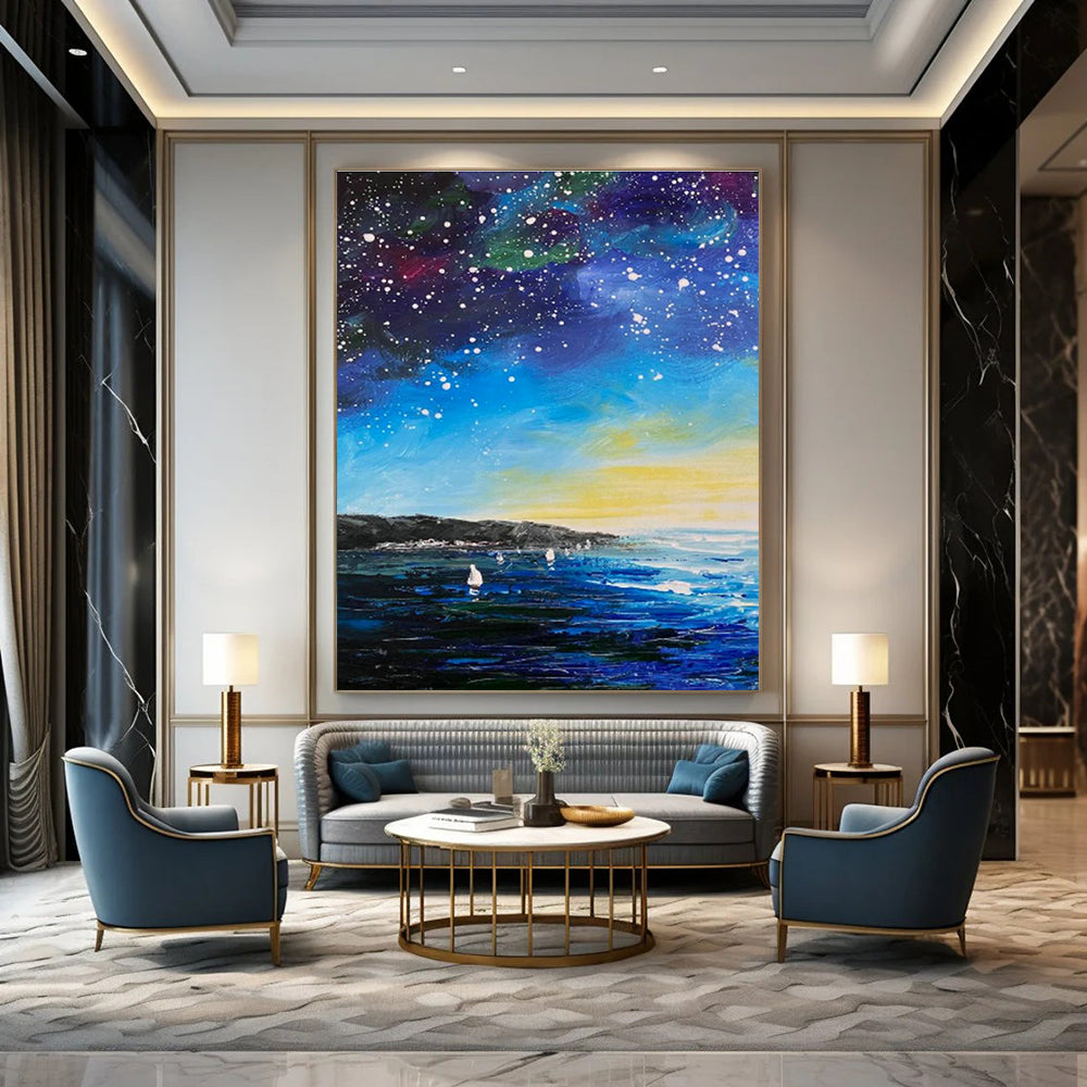 Starry Sea View Oil Painting for Bedroom & Cottage DLZ0346