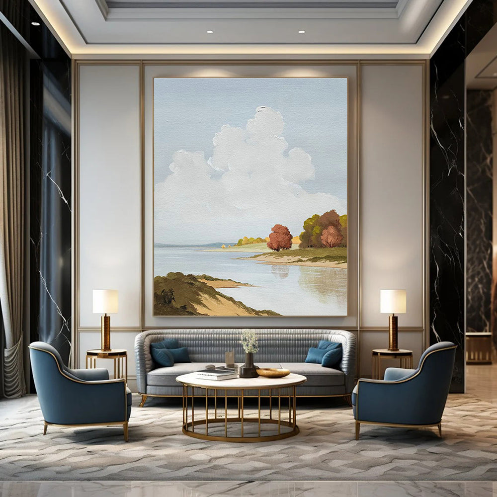 Riverbank Cloudscape Art for Lakeside Home Study & Serene Spa DLZ2136