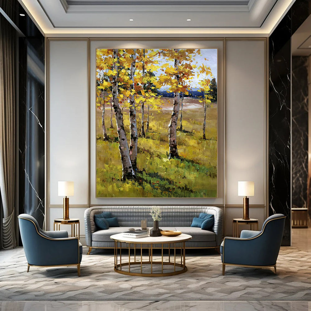 Golden Autumn Birch Forest Oil Painting for Country Cottage & Fall - Themed Café DLZ1291