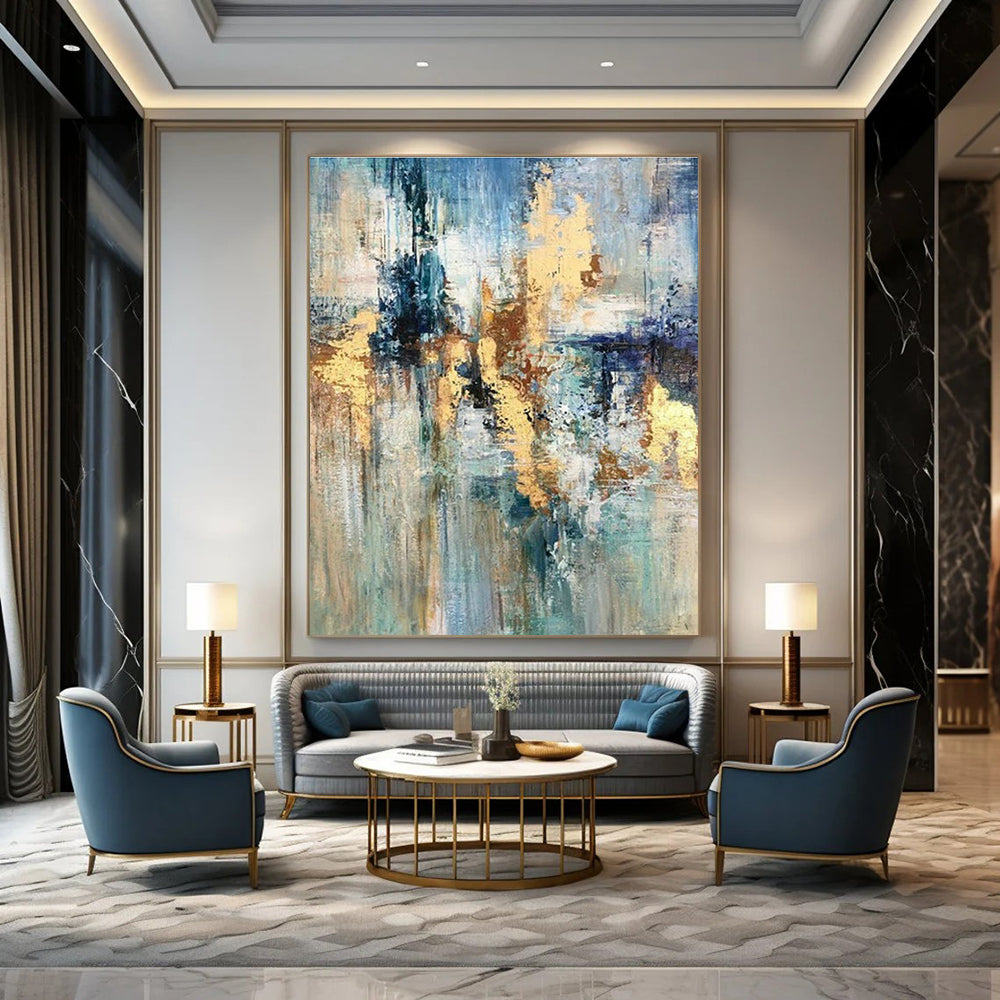 Blue - Gold Fusion Abstract Art for Luxury Hotel Lobby & Art Gallery DLZ0630