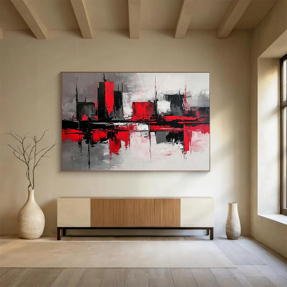 Red - Black Cityscape Abstract Art for Corporate Boardroom & Urban - Themed Bar SC239
