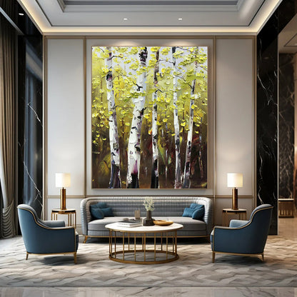 Golden - Leaf Birch Forest Oil Painting for Autumn - Themed Home & Rustic Restaurant DLZ1289