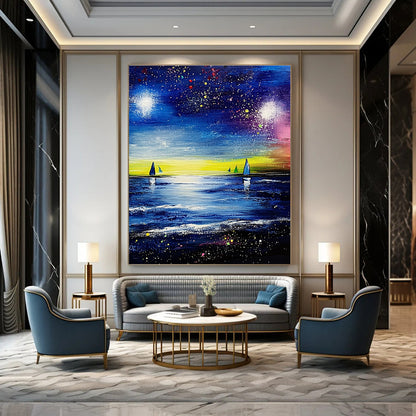 Starry Night Sea with Sailboats for Nautical - Themed Living Room & Cozy Beach Cottage STSC526