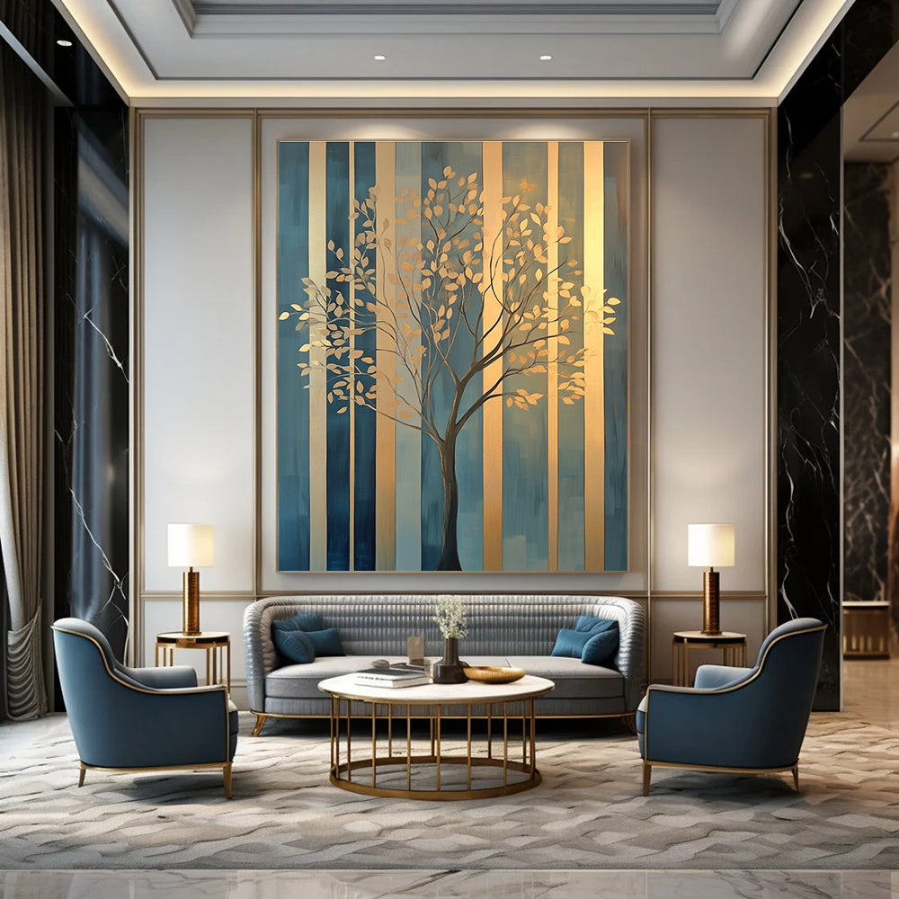 Golden Tree on Striped Background Art for Luxury Home Office & Elegant Dining Room STSC1117