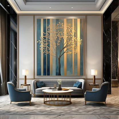 Golden Tree on Striped Background Art for Luxury Home Office & Elegant Dining Room STSC1117