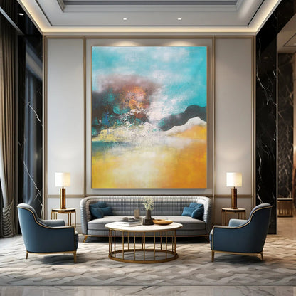 Blue - Yellow Hazy Abstract Art for Coastal Bedroom & Relaxing Spa DLZ0771