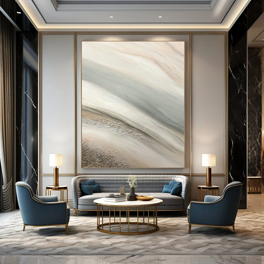 Beige - Gray - Silver Wave Abstract Art for Coastal Home & Boutique Café DLZ1222