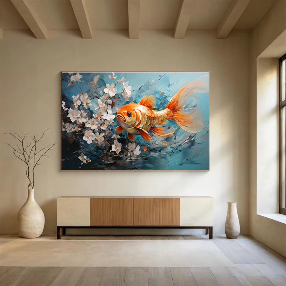 Goldfish & White Flowers Art for Asian - Inspired Tea House Interiors DLZ3148