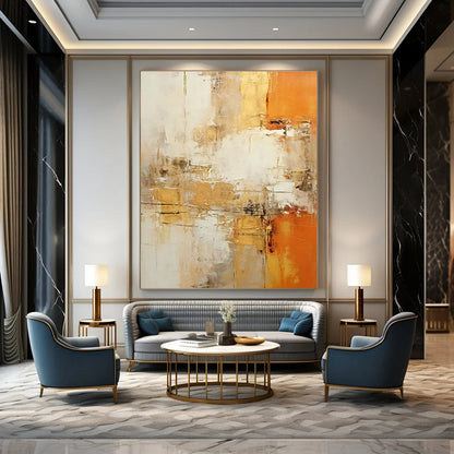 Gold - Orange - White Abstract Art for Luxury Hotel Lobby & Upscale Home Living Room DLZ1699