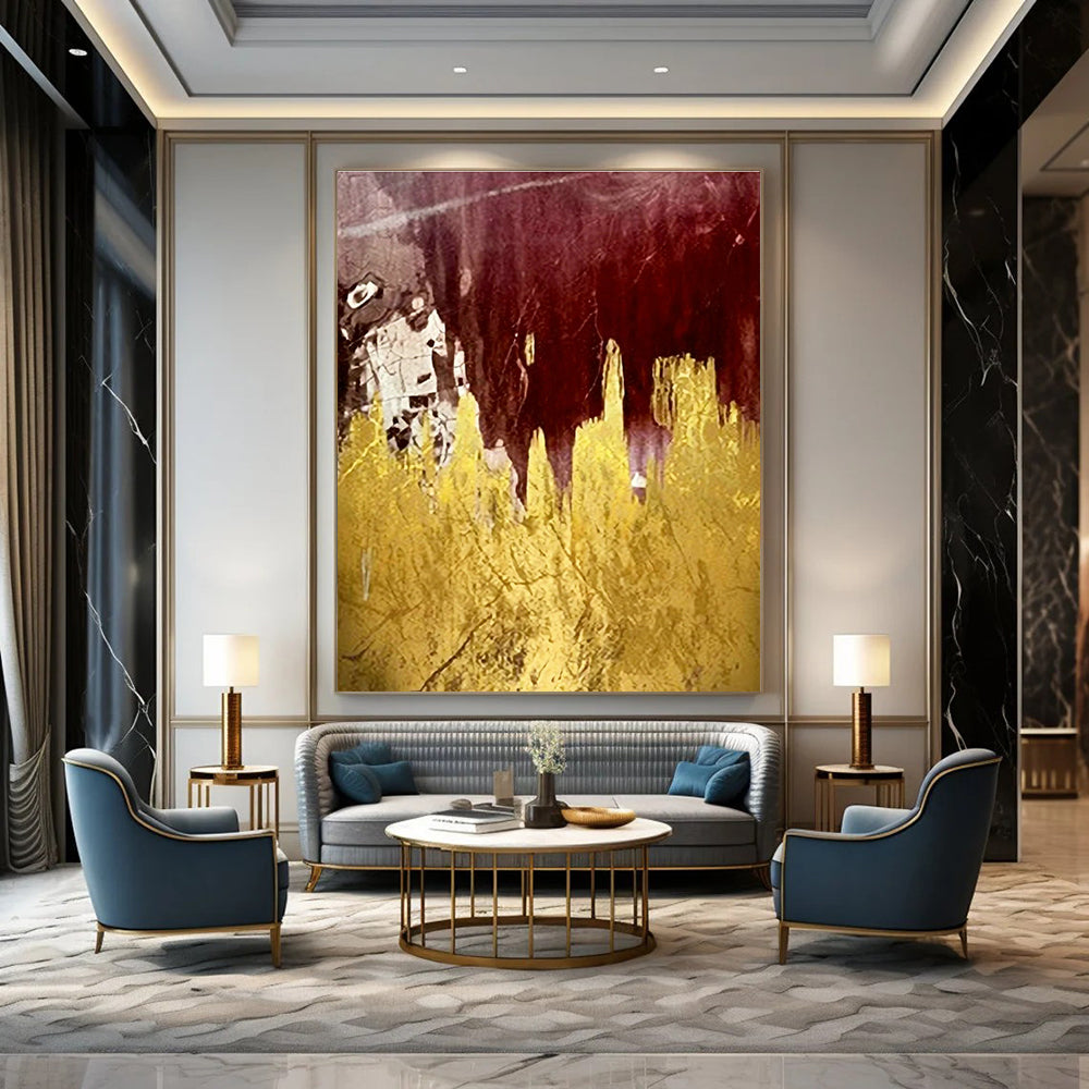 Burgundy & Gold Foil Abstract Art for Upscale Restaurant & Bohemian - Chic Bedroom DLZ1343