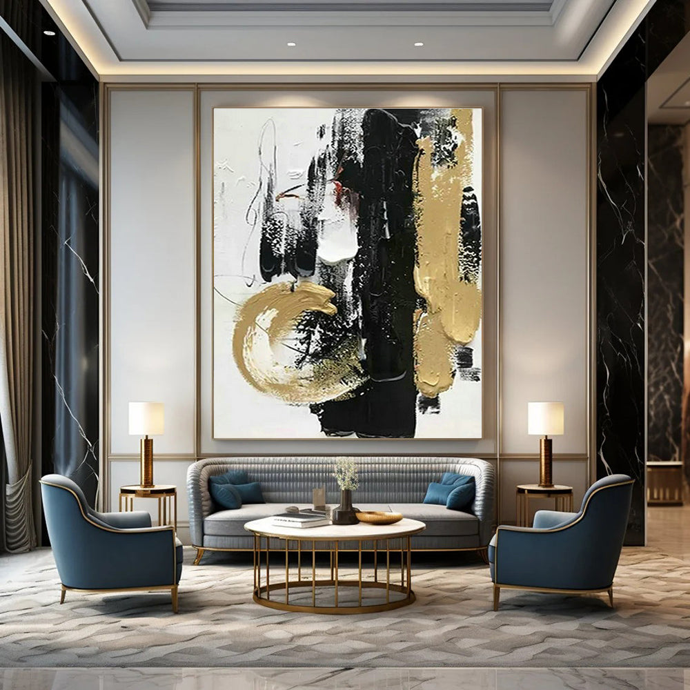 Black - Gold Abstract Brushstroke Art for Living Room & Office DLZ0434