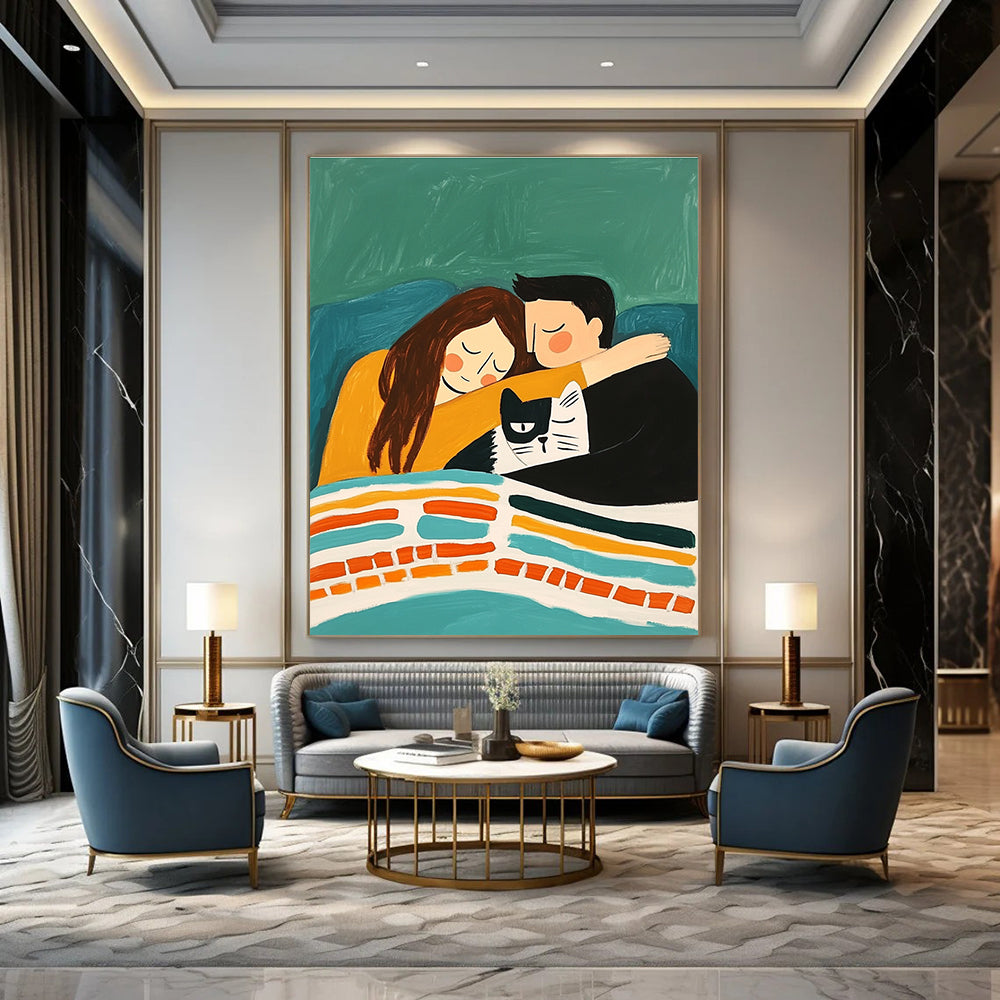 Cozy Couple and Cat for Family - Oriented Living Room & Pet - Lover’s Café STSC974