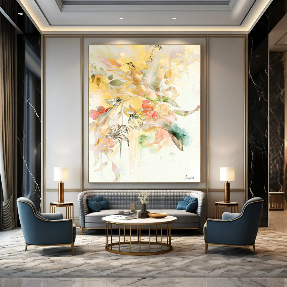 Yellow Floral Watercolor Art for Summer - Themed Restaurant & Home Sunroom DLZ1094