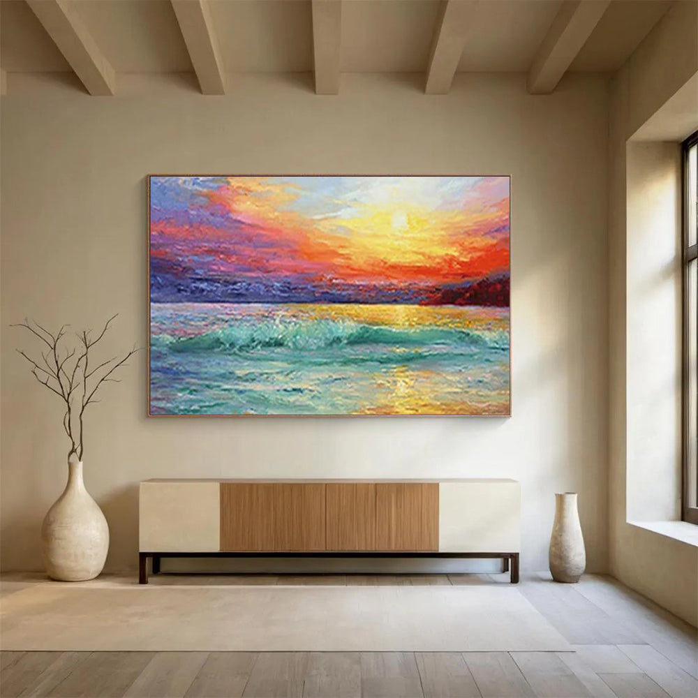 Vivid Sea Sunset Oil Painting for Coastal Villa Living Room Walls DLZ3243