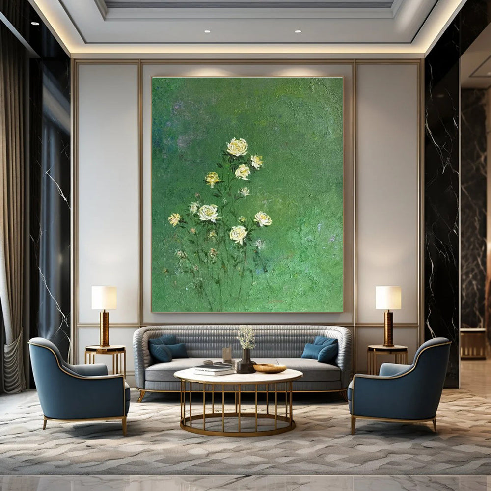 Yellow Flowers on Green Oil Painting for Dining Room & Garden Café DLZ0587