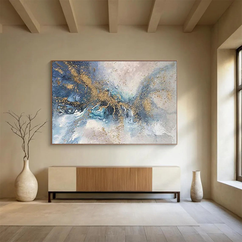 Blue - Gold Splash Abstract Art for Luxury Hotel Lobby Statement Walls DLZ3277