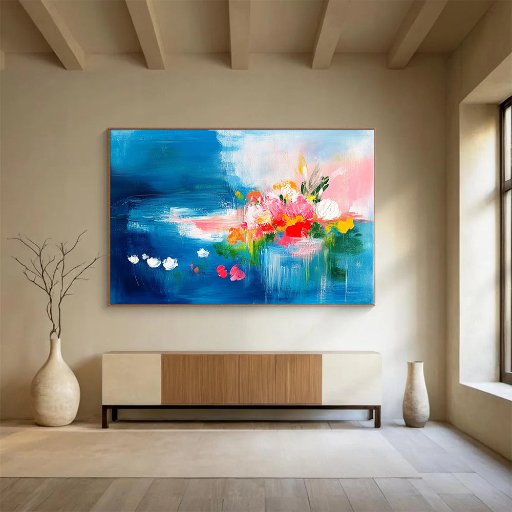 Blue - Themed Floral Abstract Art for Beachfront Restaurant & Feminine - Style Home Office SC235