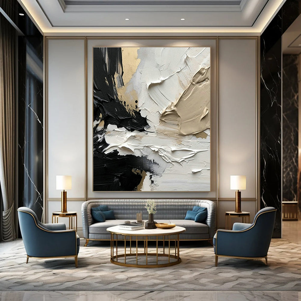 Black, Gold & Cream Abstract Art for Luxury Penthouse Living Room & High - End Jewelry Store DLZ1032