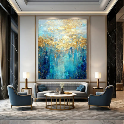 Gold - Blue Forest - Inspired Abstract Art for Luxury Lakeside Villa & Upscale Art Lounge DLZ1912