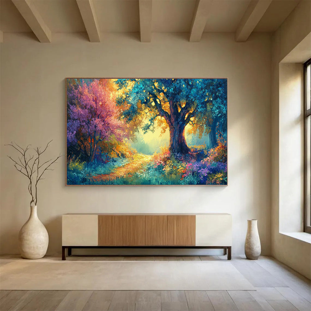 Enchanted Forest Path with Colorful Trees Art for Whimsical Children’s Playrooms DLZ3081