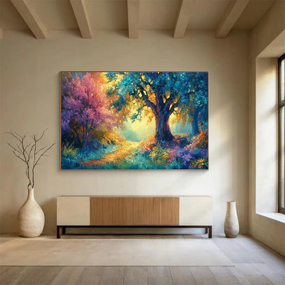 Enchanted Forest Path with Colorful Trees Art for Whimsical Children’s Playrooms DLZ3081