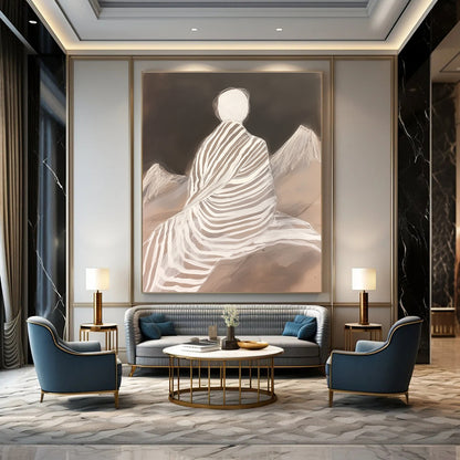 White - Clad Figure with Stripes for Zen Meditation Room & Contemporary Home Library STSC1292