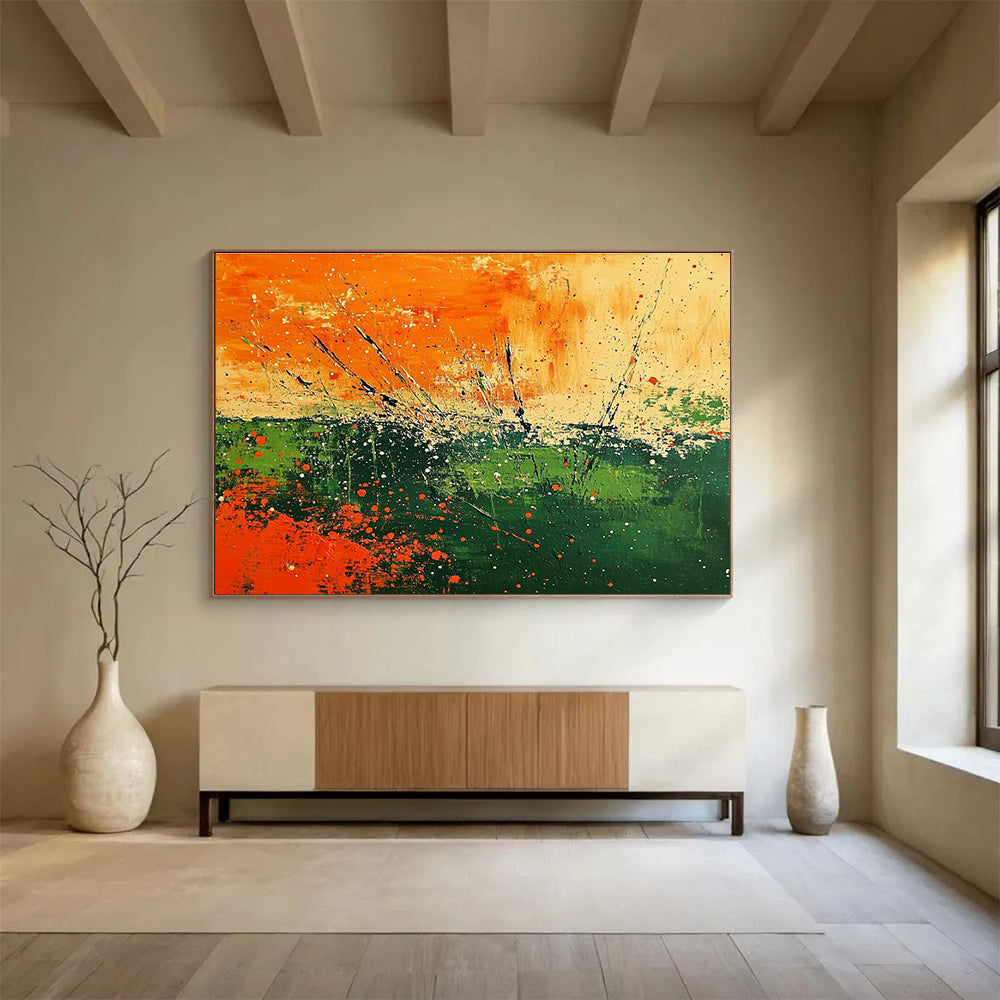 Orange Splash Field Art for Bohemian Garden Party Area & Vibrant Art Studio SC090