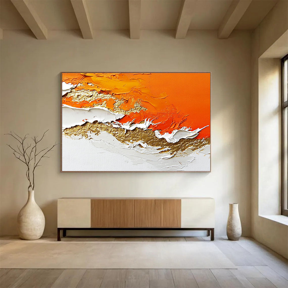 Textured Orange, White & Gold Art for High - End Restaurant & Glamorous Home Bar SC325