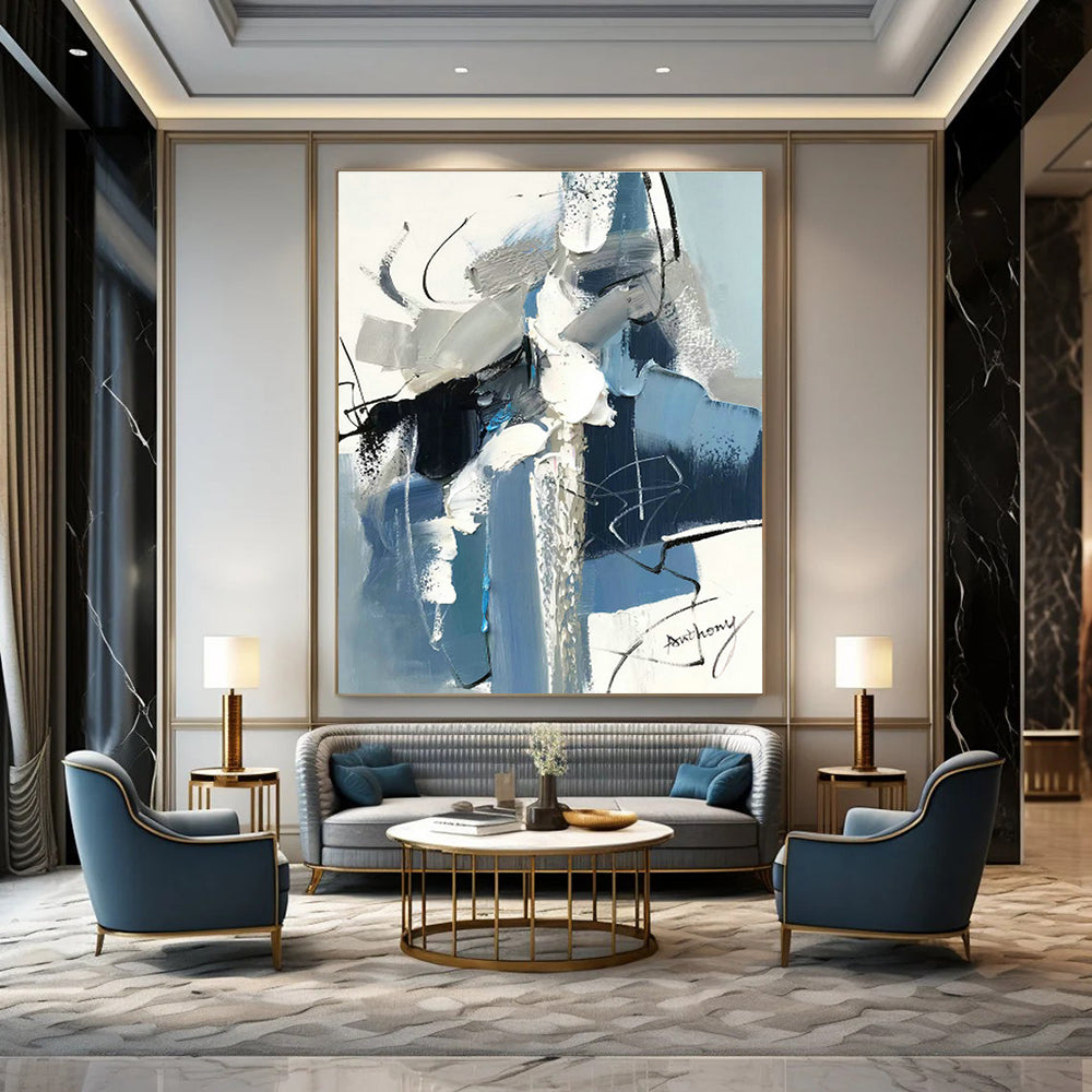 Blue - Gray Brushstroke Abstract Art for Modern Office Lobby & Art Gallery Corridor DLZ0782