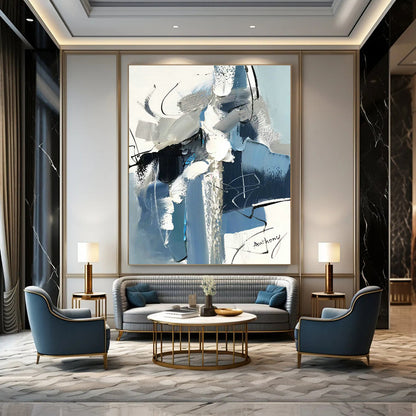 Blue - Gray Brushstroke Abstract Art for Modern Office Lobby & Art Gallery Corridor DLZ0782
