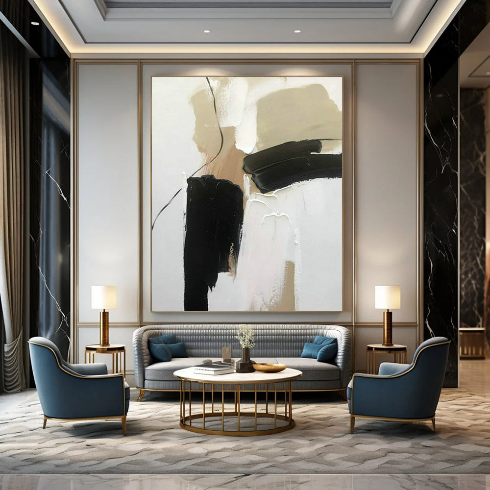 Black - Beige - White Abstract Art for Boutique Hotel Suite & Modern Home Library DLZ1685